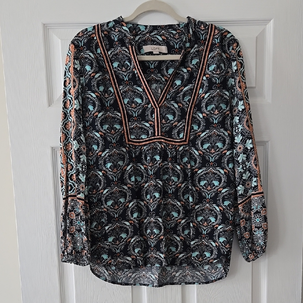 LOFT Boho Paisley Blouse Navy & Orange